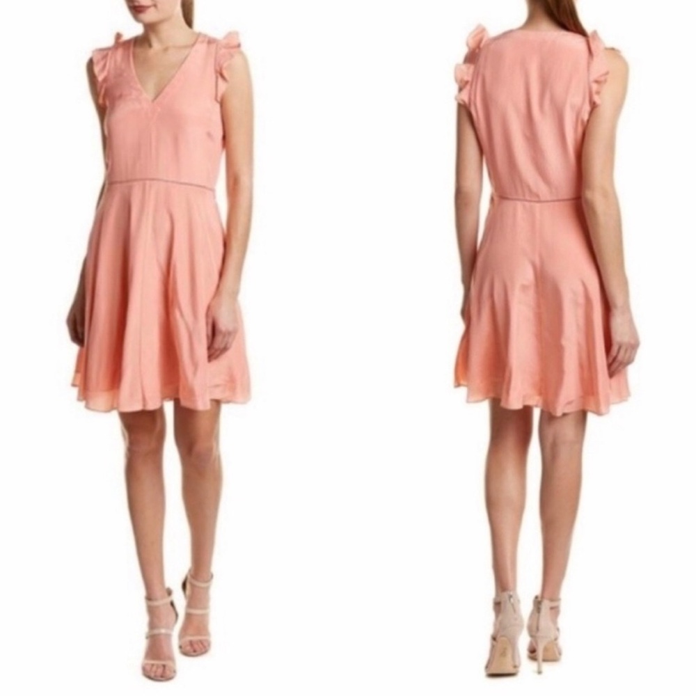 Rebecca Taylor 100% Silk Peach Dress with ruffle short sleeves, flare style, 2